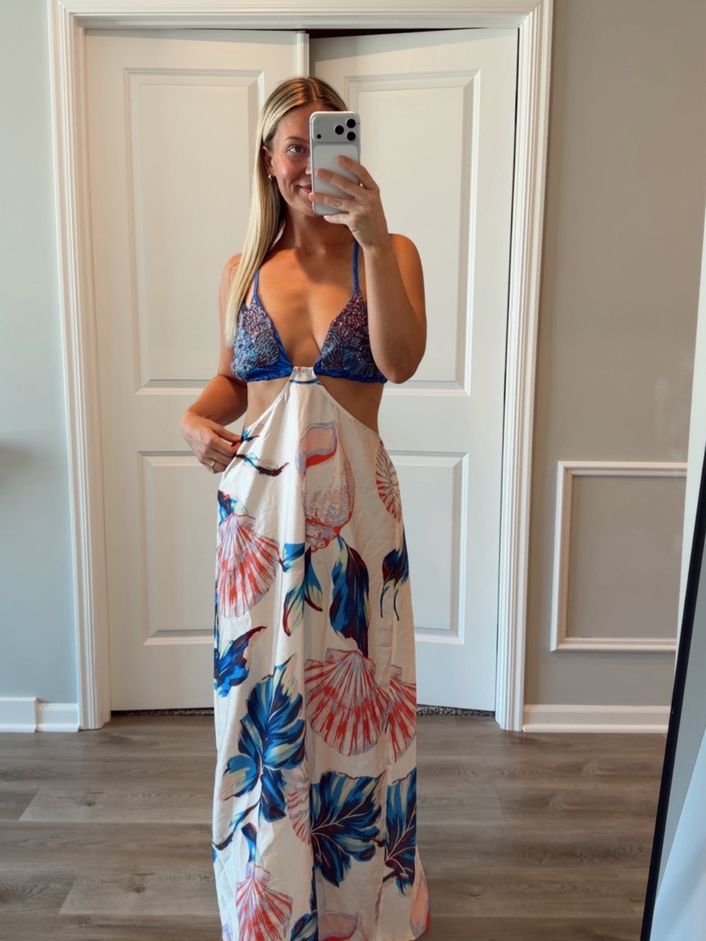 Anthropologie Cream Maxi Skirt with Blue and Coral Floral Print